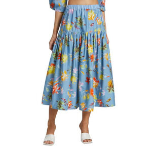 Tanya Taylor Lara Tiered Floral Midi Skirt Lily Haze Oxford Blue Medium